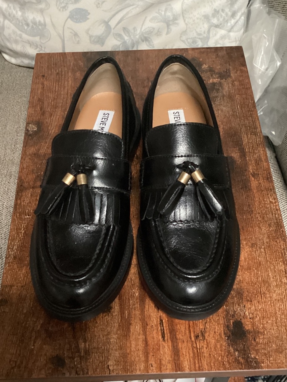Steve Madden Black Leather Tassel Penny Loafers